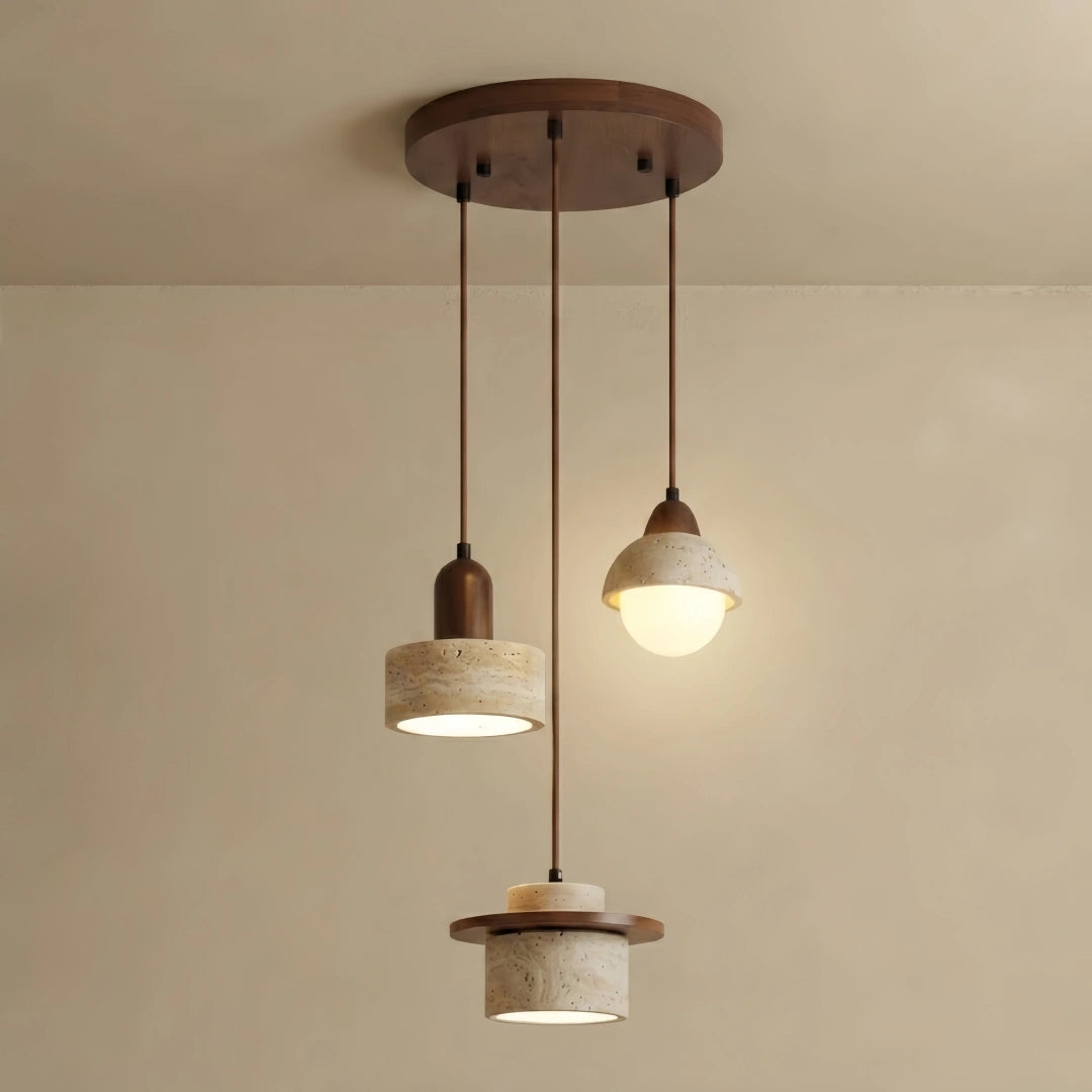 Strata Minimalist Multi-Light Pendant – Travertine & Wood Walnut Beige for Dining Room
