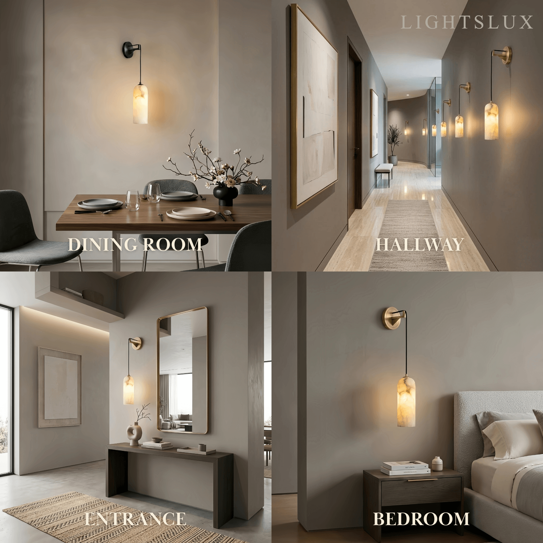 Natural Alabaster Wall Lamp— Brass Body with White Shade