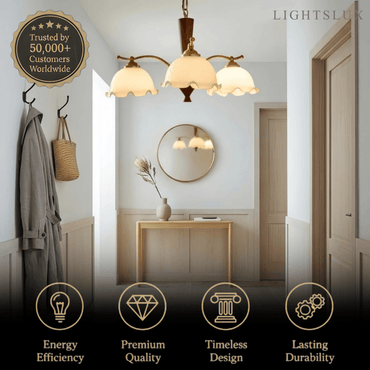  Excelis Iron Glass Walnut Wood Chandelier 