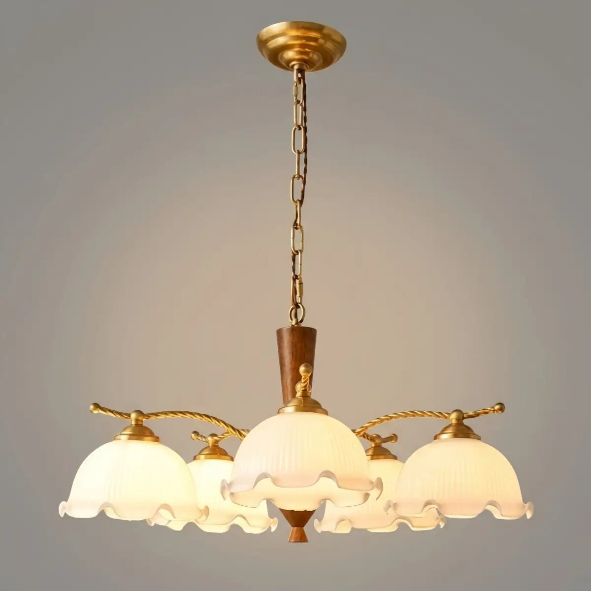 Excelis Iron Glass Walnut Wood Chandelier