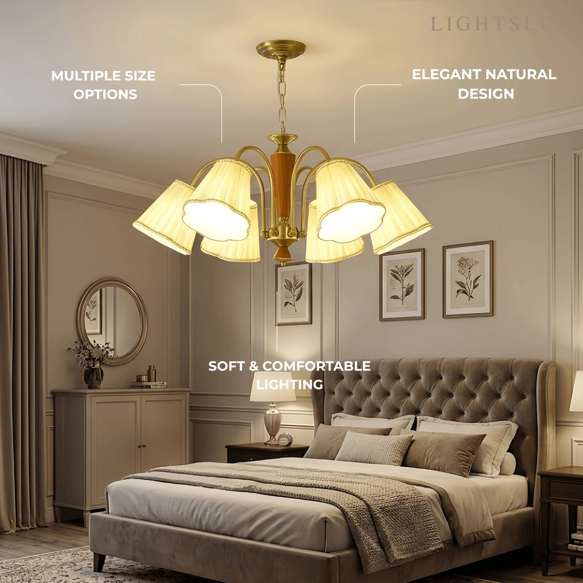 Modern Ceiling Lingt — Metal, Fabric & Walnut Wood with Gold & Walnut