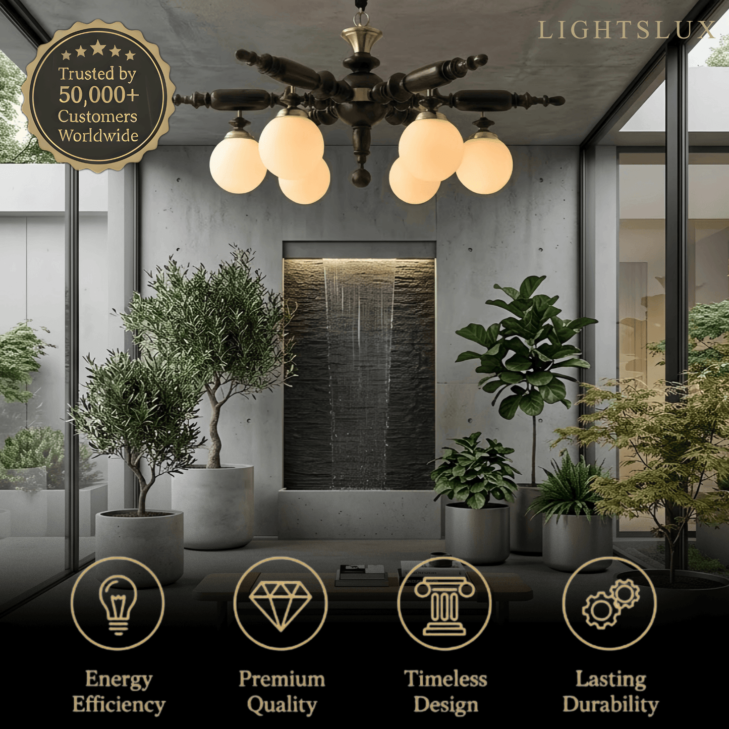 Modern Multi-Head Chandelier -- Wood & Glass with Metal Frame