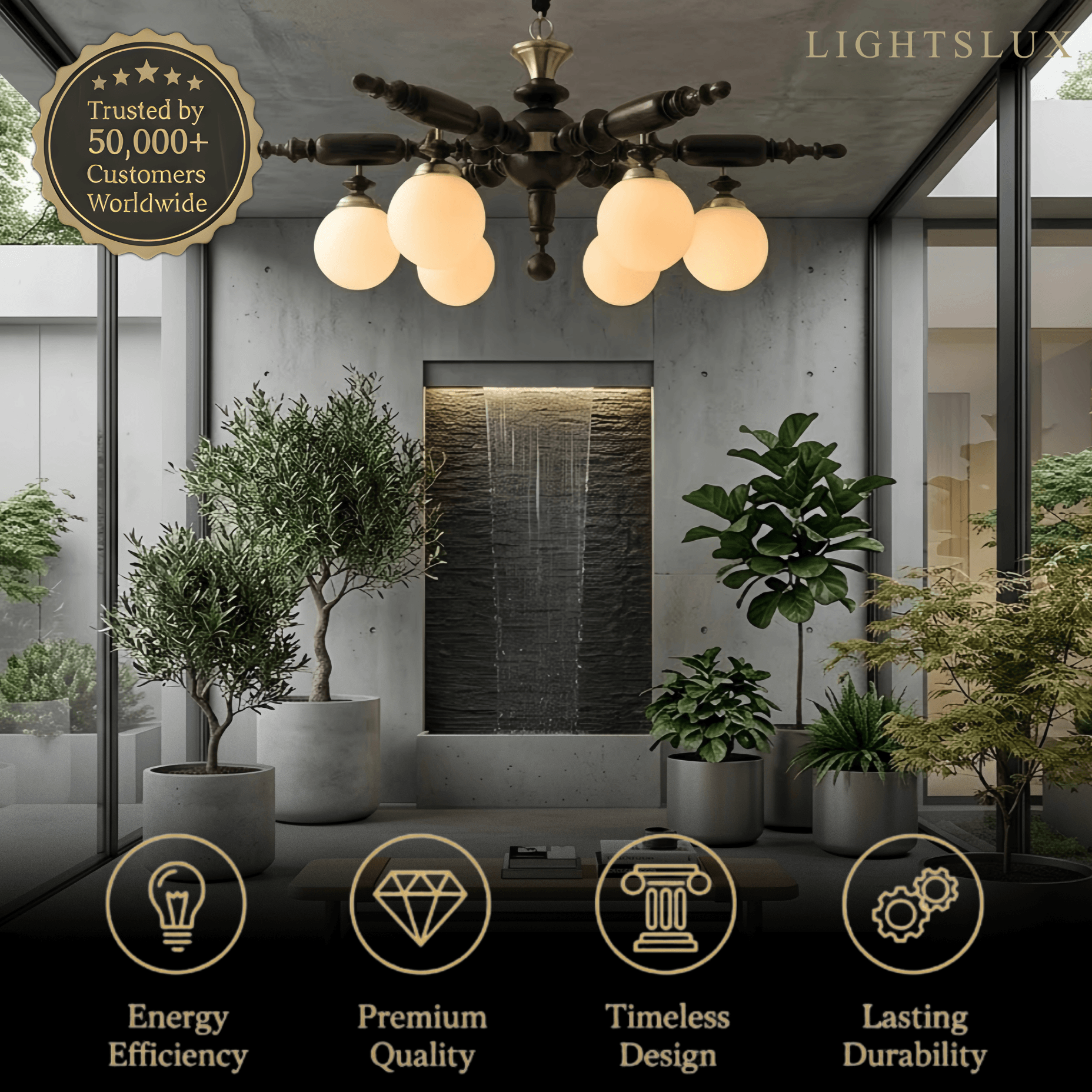 Modern Multi-Head Chandelier -- Wood & Glass with Metal Frame