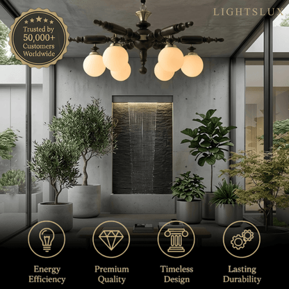 Modern Multi-Head Chandelier -- Wood & Glass with Metal Frame