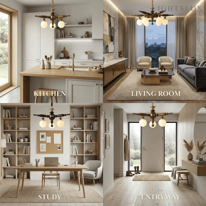 Modern Multi-Head Chandelier -- Wood & Glass with Metal Frame