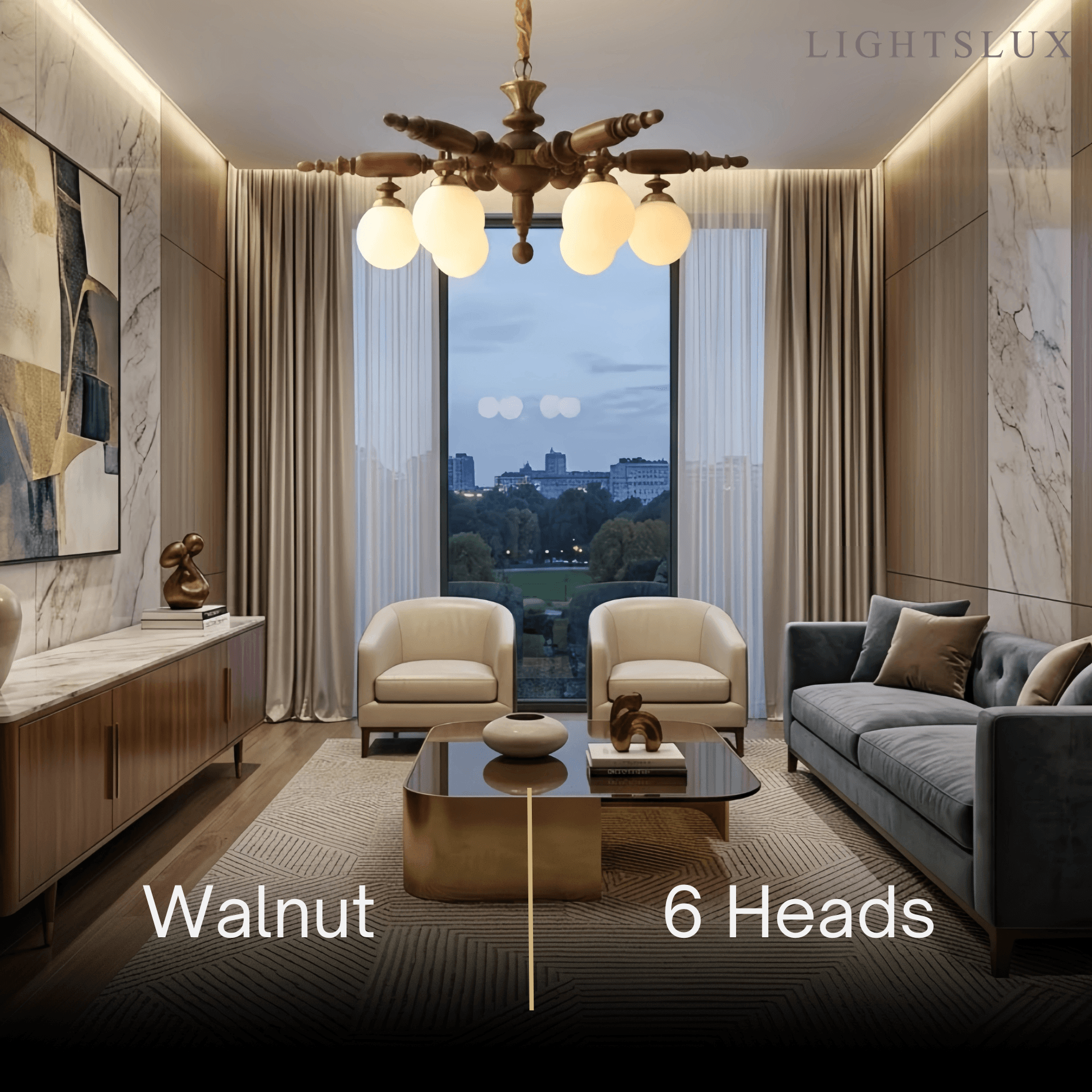 Modern Multi-Head Chandelier -- Wood & Glass with Metal Frame