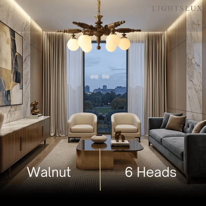 Modern Multi-Head Chandelier -- Wood & Glass with Metal Frame