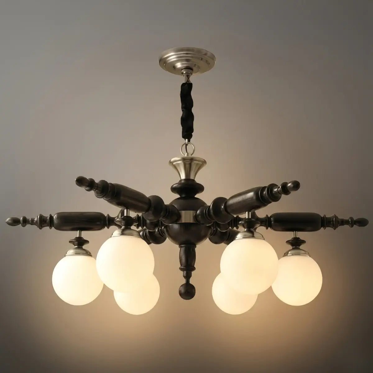 Modern Multi-Head Chandelier -- Wood & Glass with Metal Frame