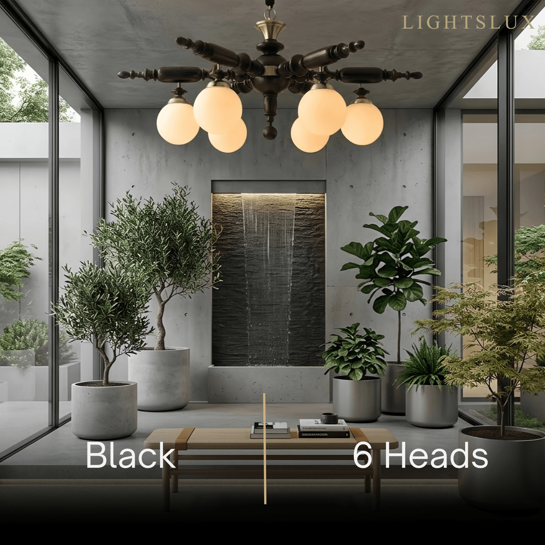 Modern Multi-Head Chandelier -- Wood & Glass with Metal Frame