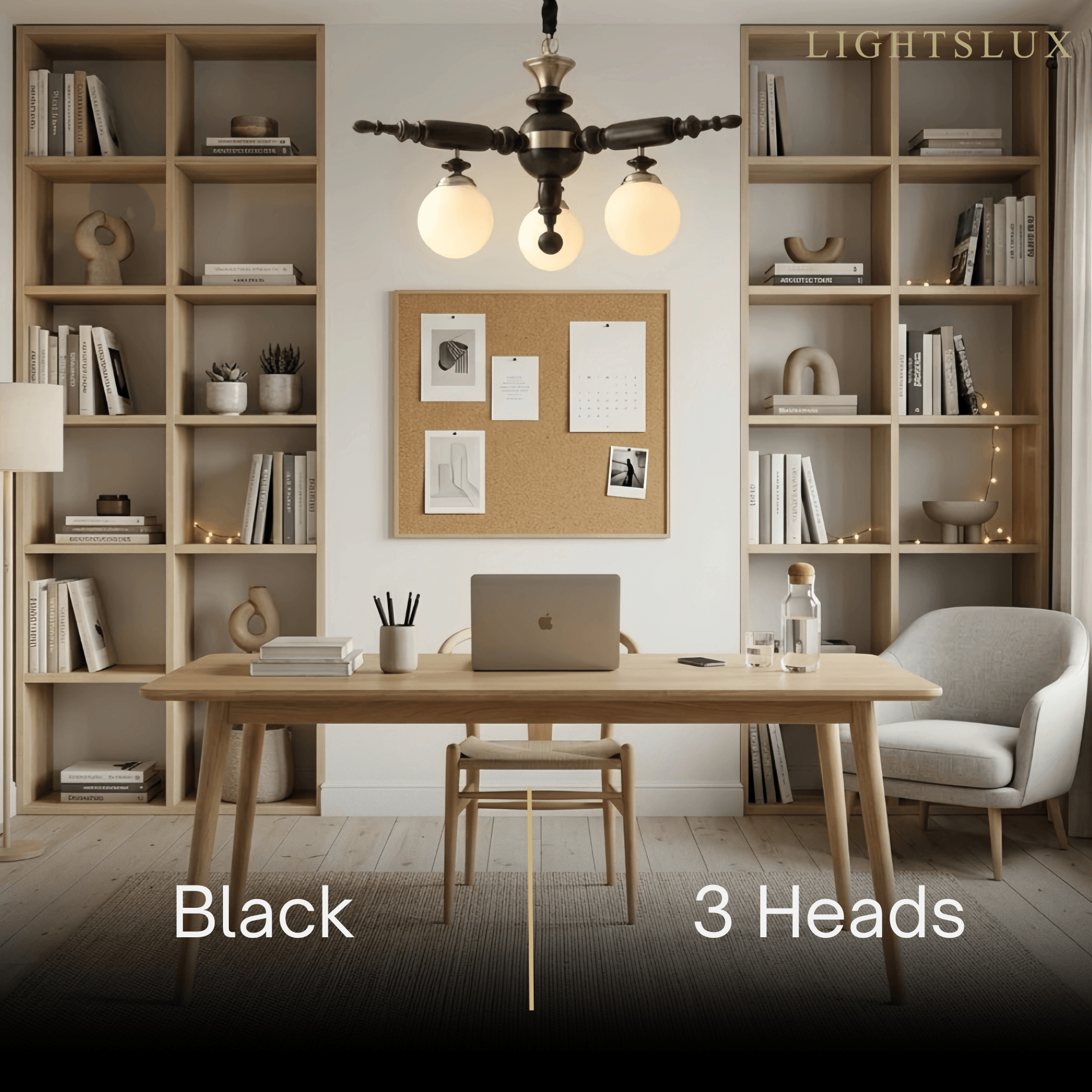 Modern Multi-Head Chandelier -- Wood & Glass with Metal Frame