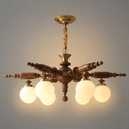Modern Multi-Head Chandelier -- Wood & Glass with Metal Frame