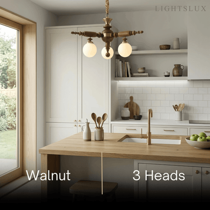 Modern Multi-Head Chandelier -- Wood & Glass with Metal Frame