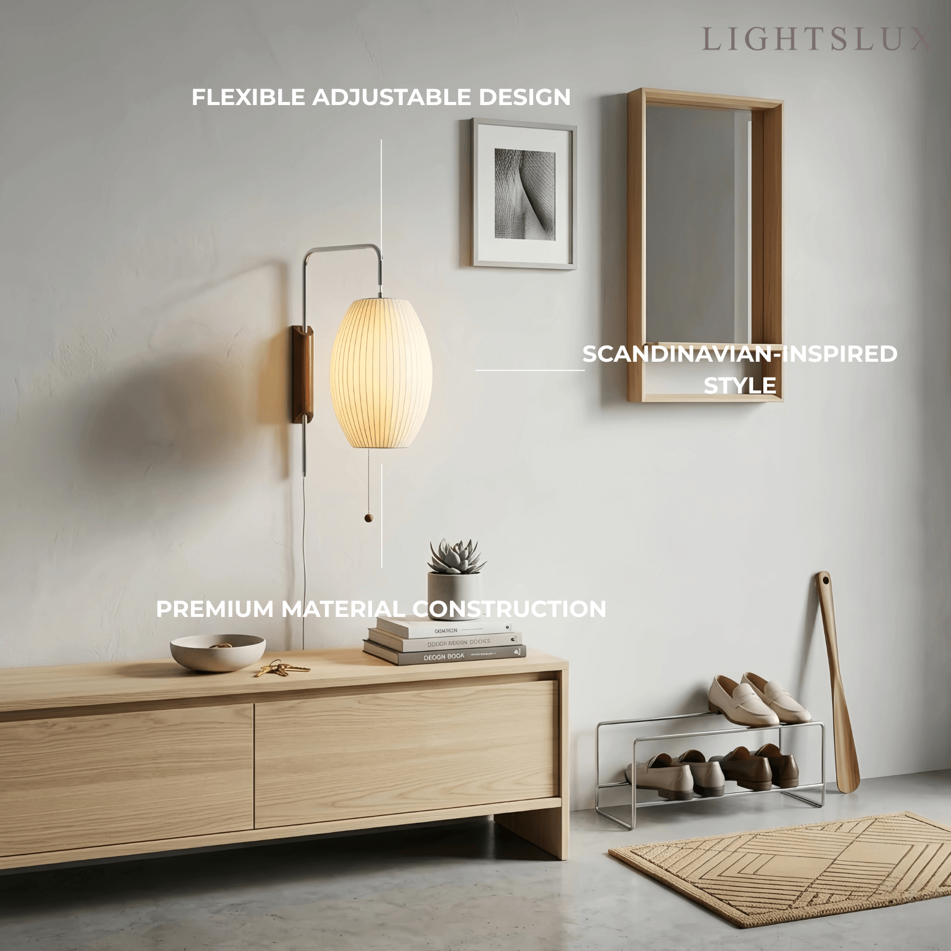 Modern Plug-In Wall Lamp -- Polymer Steel Walnut Metal Chrome & Walnut with White Shade