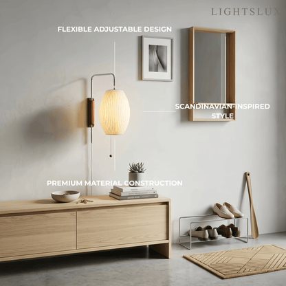 Modern Plug-In Wall Lamp -- Polymer Steel Walnut Metal Chrome & Walnut with White Shade