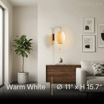 Modern Plug-In Wall Lamp -- Polymer Steel Walnut Metal Chrome & Walnut with White Shade
