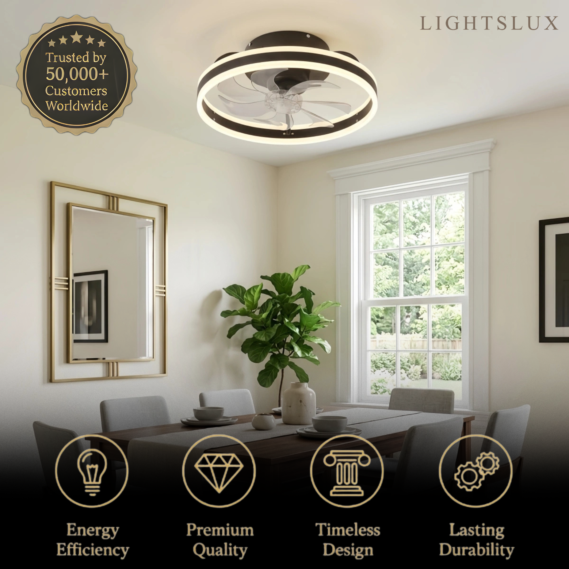 Ventilador de techo semiempotrado moderno Vivara con luz - Silencioso, de hierro ABS blanco y negro para dormitorio