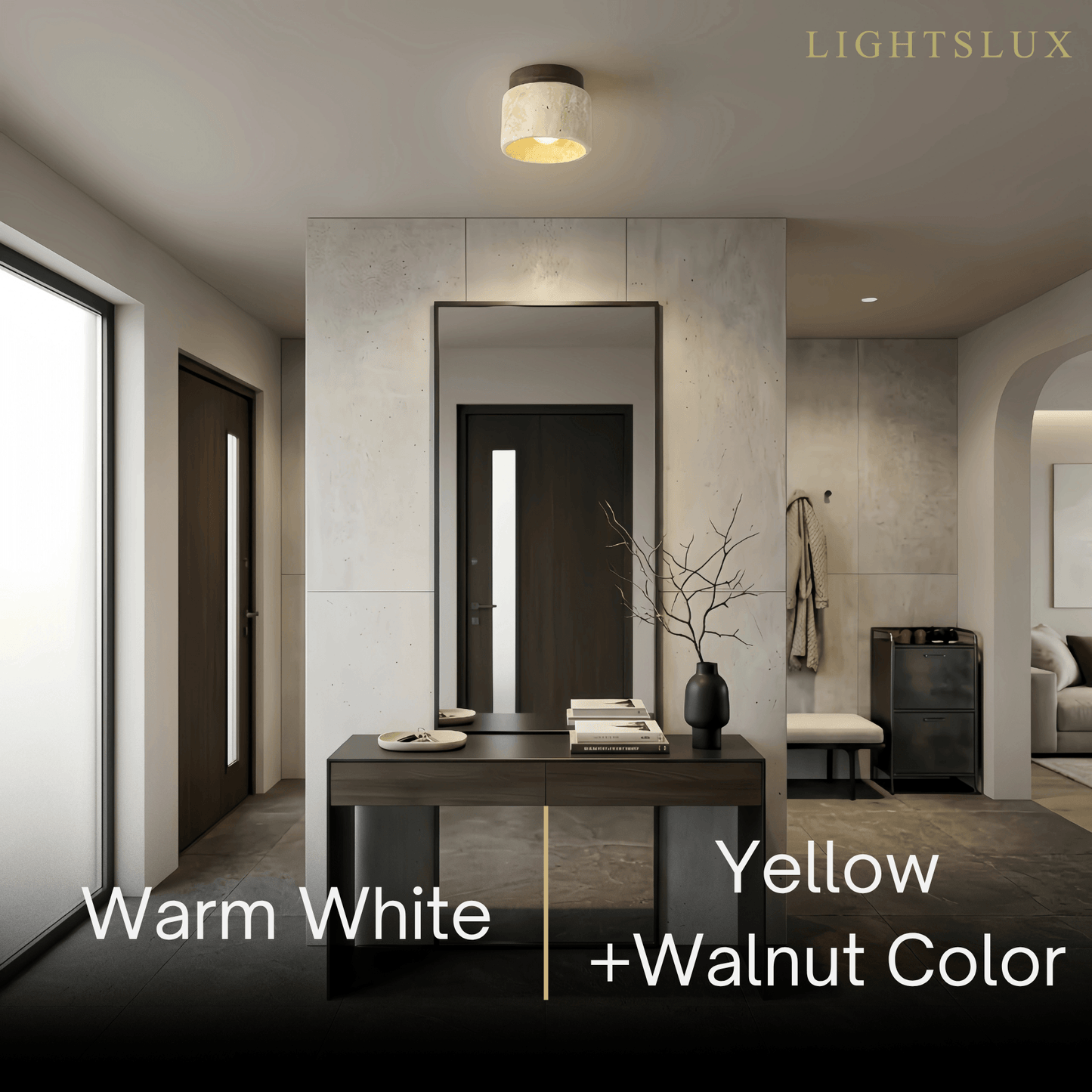 Minimalist Flush Mount Ceiling Light — Stone & Wood Yellow Log Color