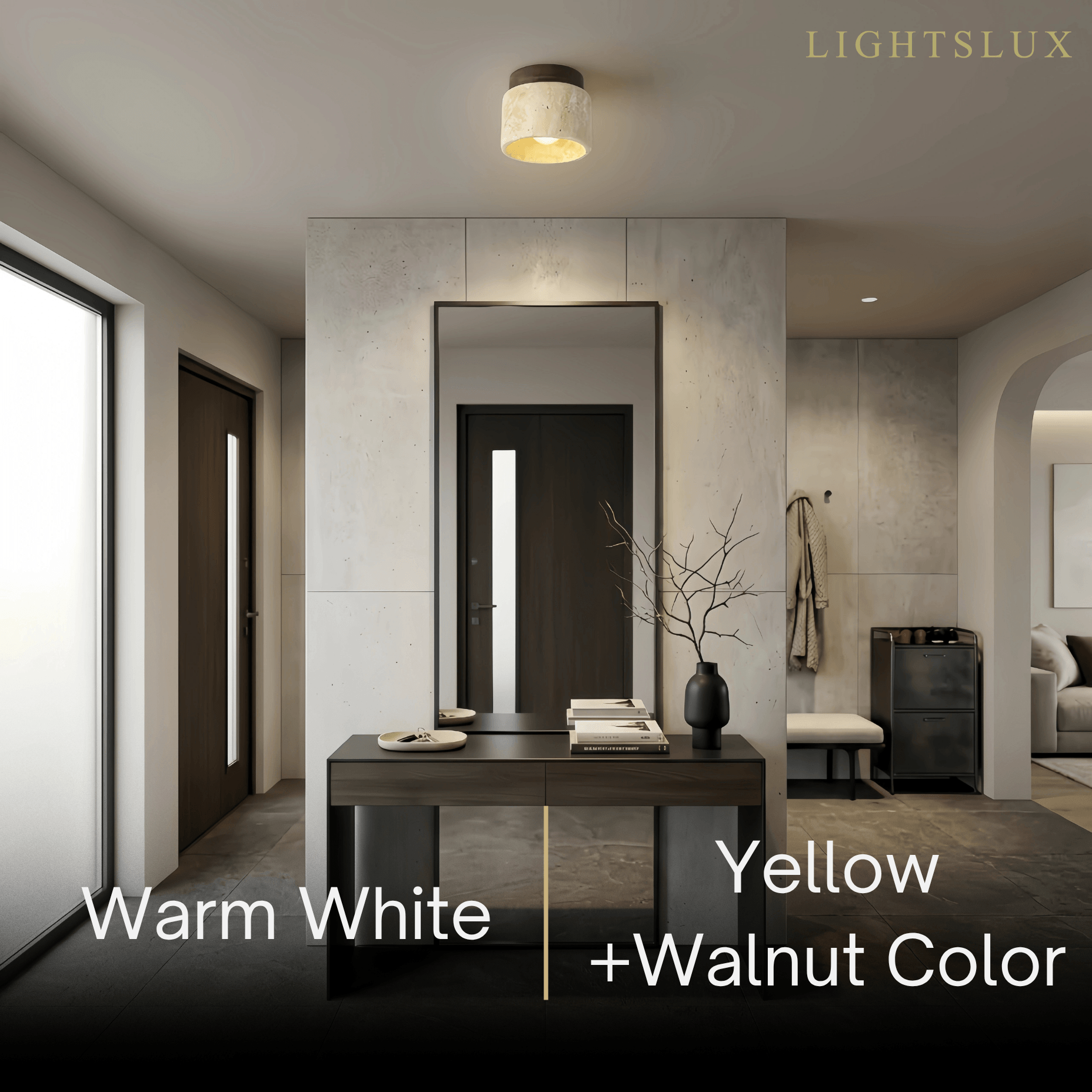 Minimalist Flush Mount Ceiling Light — Stone & Wood Yellow Log Color