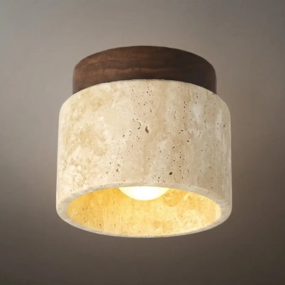 Minimalist Flush Mount Ceiling Light — Stone & Wood Yellow Log Color