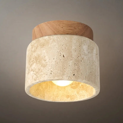 Minimalist Flush Mount Ceiling Light — Stone & Wood Yellow Log Color