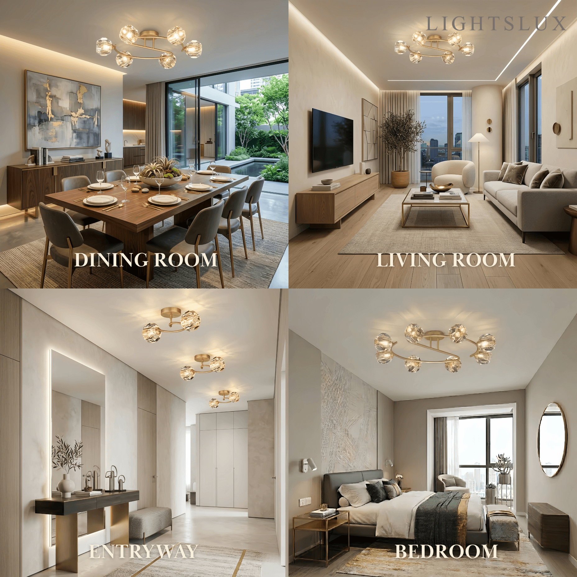Modern Luxury Semi-Flush Mount Ceiling Light — Brass & Crystal Gold