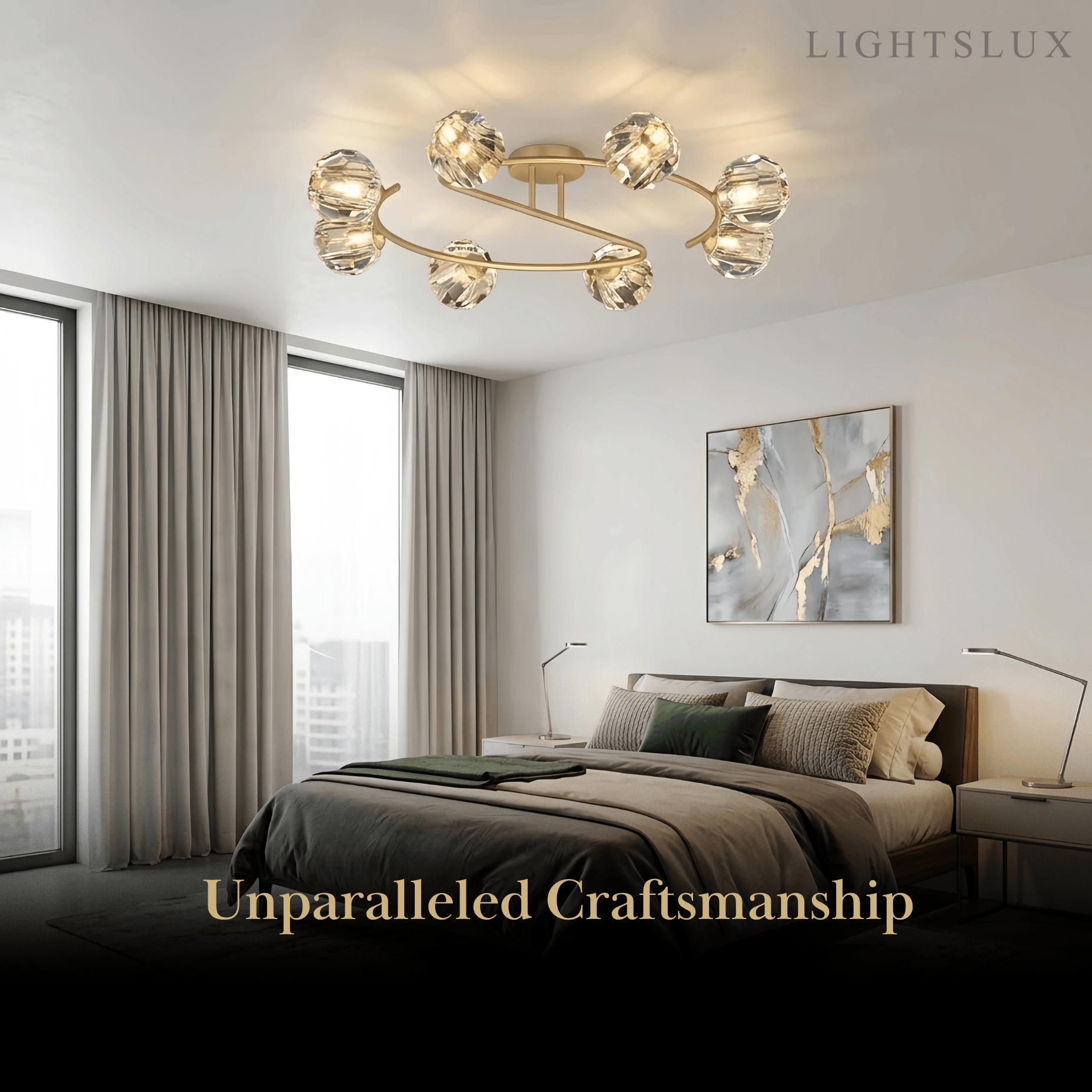 Modern Luxury Semi-Flush Mount Ceiling Light — Brass & Crystal Gold