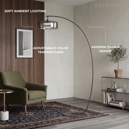 Modern Floor Lamp -- Iron & Glass Amber or Smoky Grey
