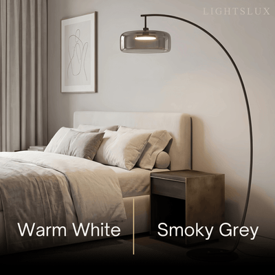 Modern Floor Lamp -- Iron & Glass Amber or Smoky Grey