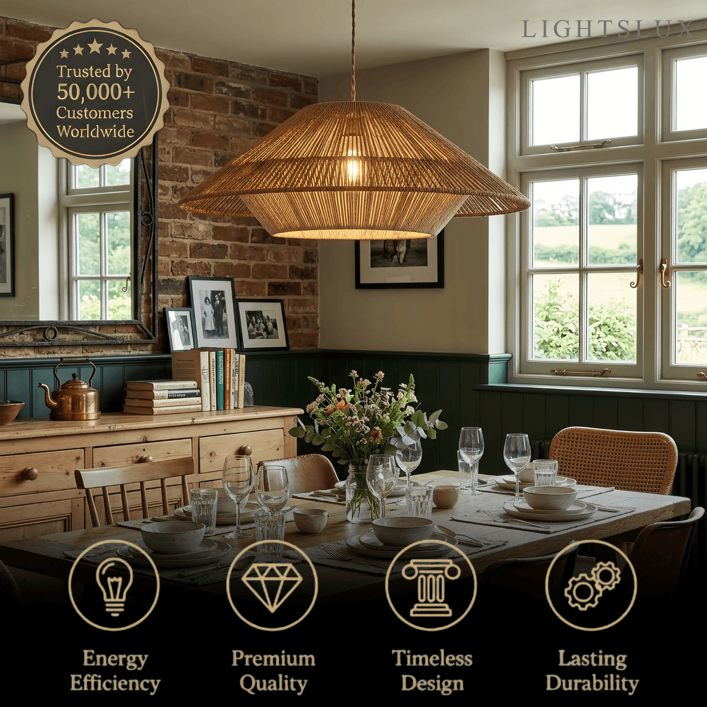 Natural Hemp Rope Pendant Light -- Iron & Linen Color