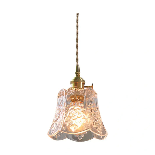 Classic Brass Glass Pendant Light -- Walnut Wood Accent