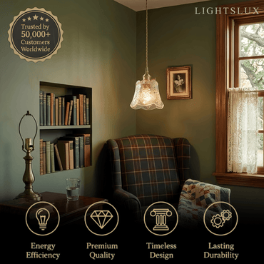 Classic Brass Glass Pendant Light -- Walnut Wood Accent