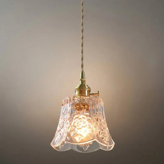 Classic Brass Glass Pendant Light -- Walnut Wood Accent