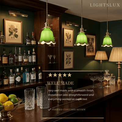 Vintage Green Glass Pendant Light -- Brass Accent