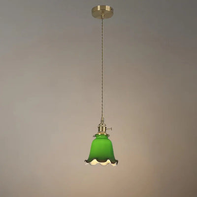 Vintage Green Glass Pendant Light -- Brass Accent