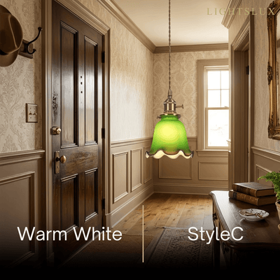 Vintage Green Glass Pendant Light -- Brass Accent