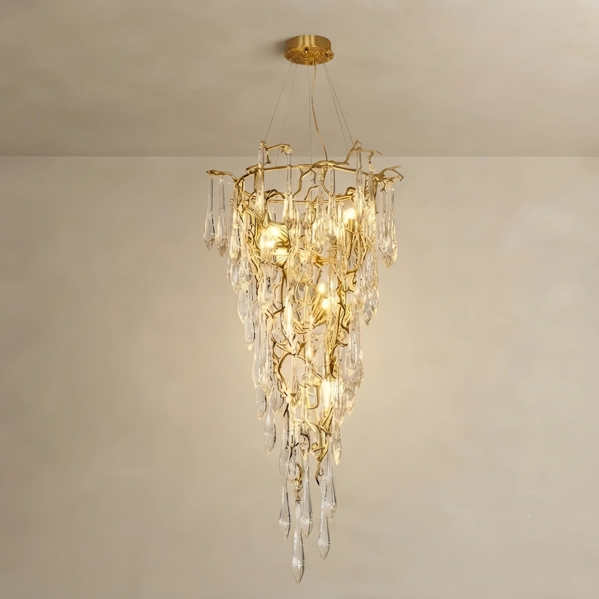 Excelis Luxury Branch Chandelier – Brass Crystal for High Ceiling Living Room / Staircase