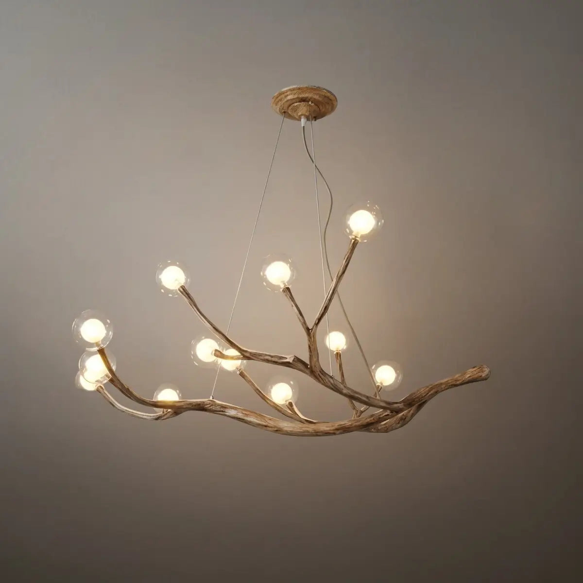 Natural Tree Branch Chandelier -- Wood-Look Resin & Glass