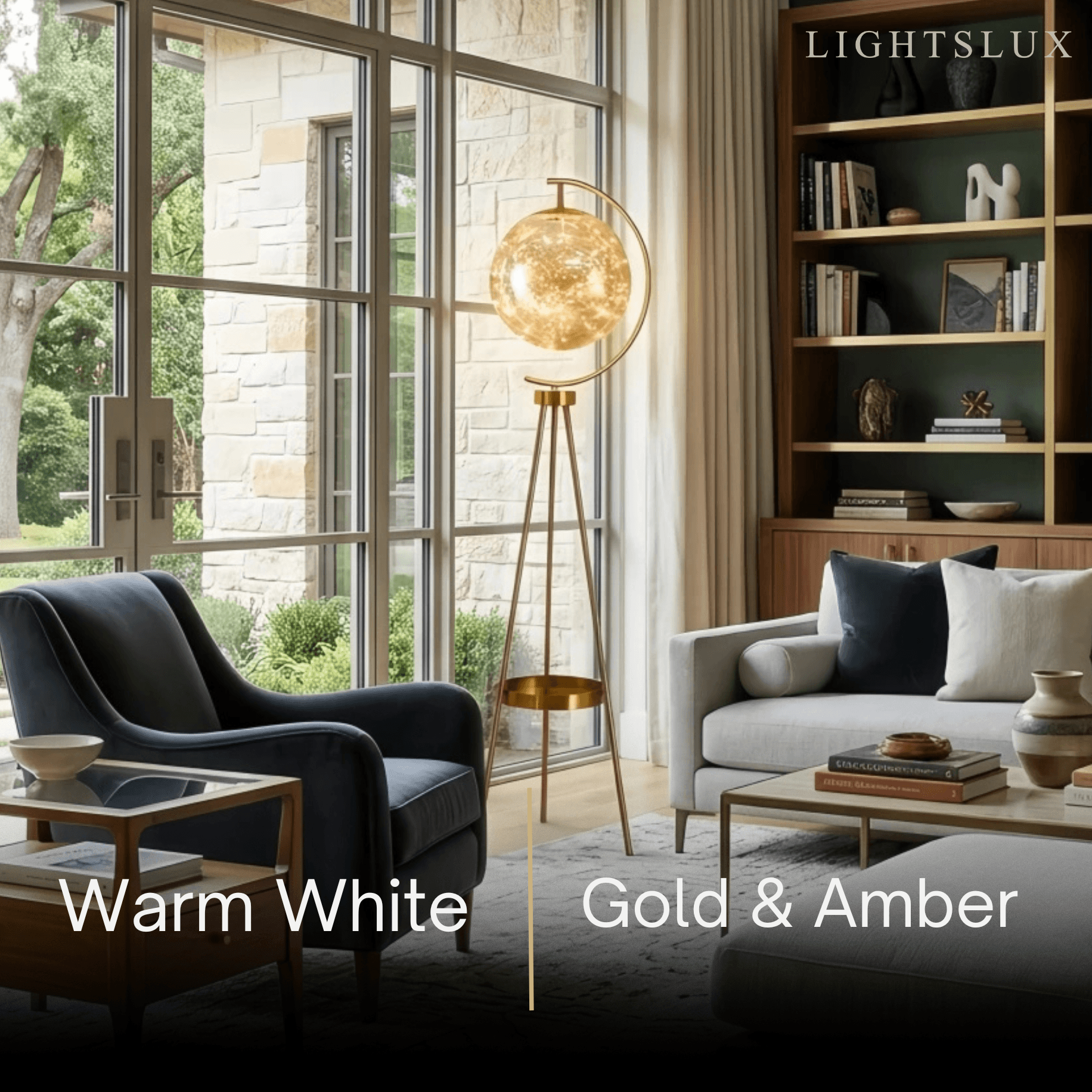 Modern Glass Ball Tripod Floor Lamp with Tray -- Gold or Black