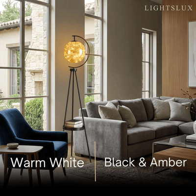 Modern Glass Ball Tripod Floor Lamp with Tray -- Gold or Black