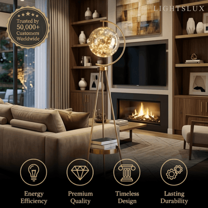 Modern Glass Ball Tripod Floor Lamp with Tray -- Gold or Black