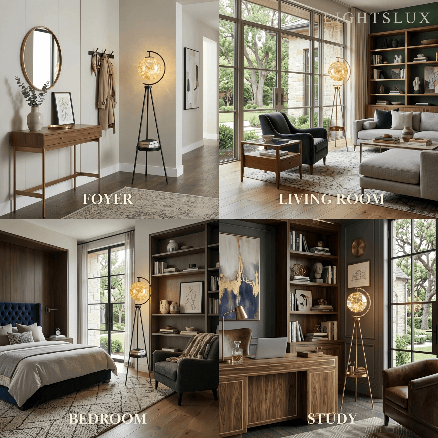 Modern Glass Ball Tripod Floor Lamp with Tray -- Gold or Black