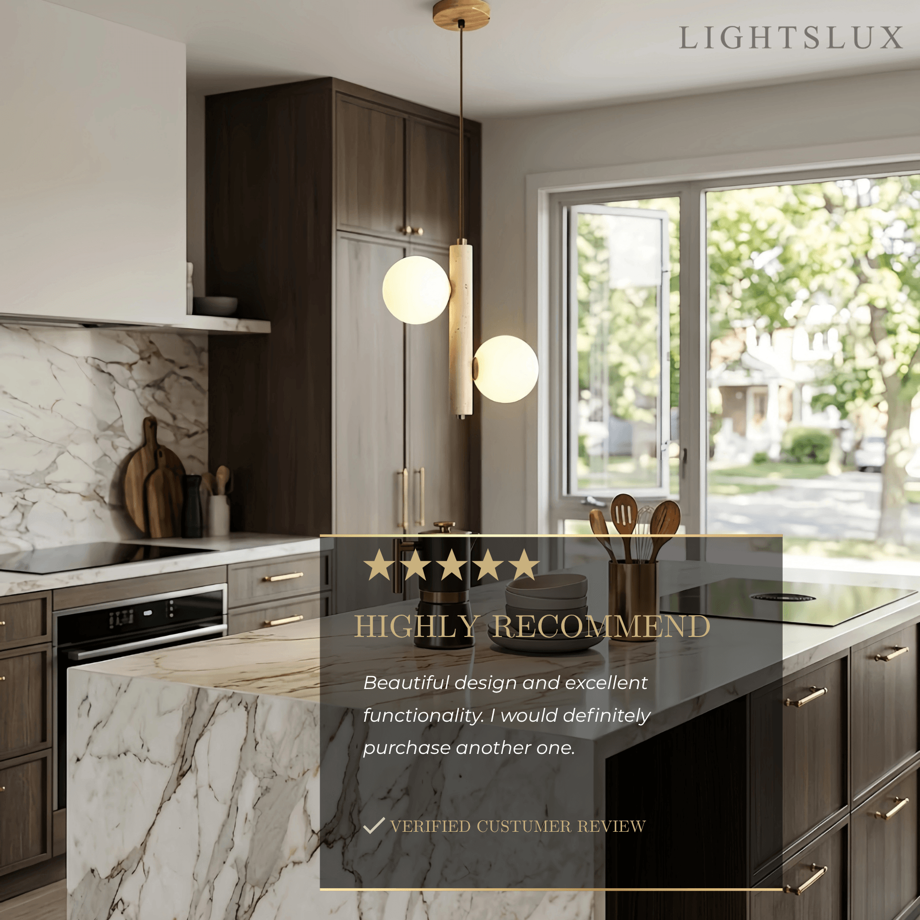 Modern Travertine Pendant Light -- Natural Stone & Wood