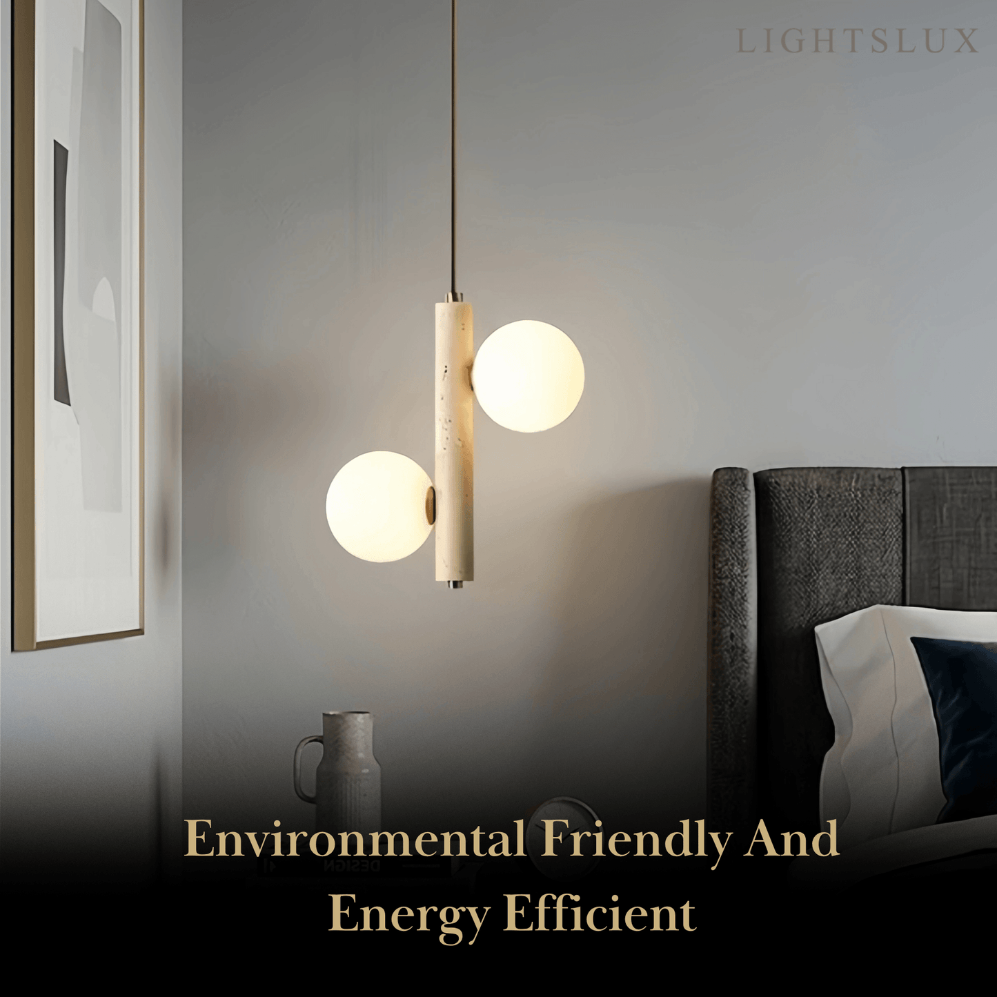 Modern Travertine Pendant Light -- Natural Stone & Wood