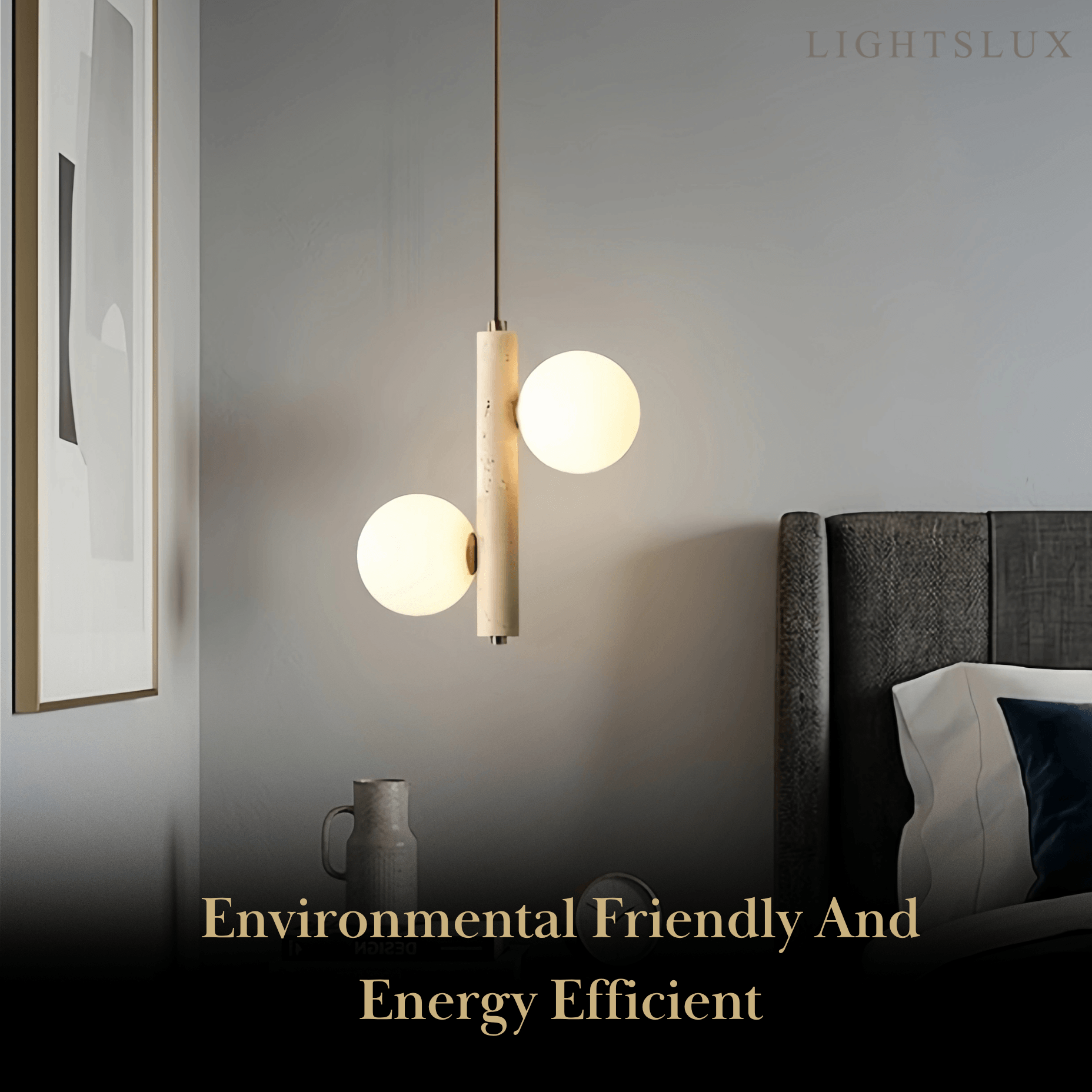 Modern Travertine Pendant Light -- Natural Stone & Wood