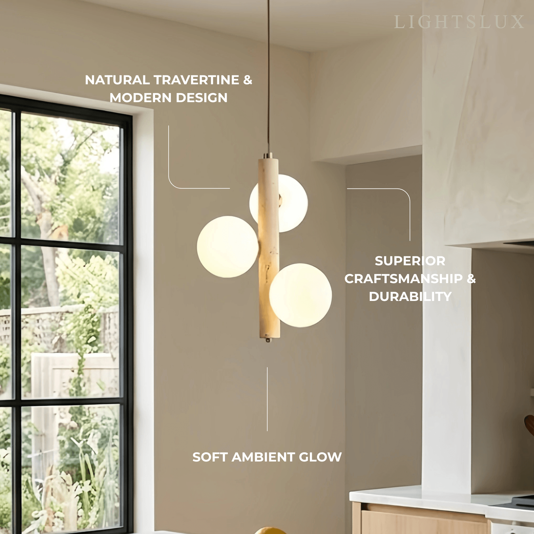 Modern Travertine Pendant Light -- Natural Stone & Wood