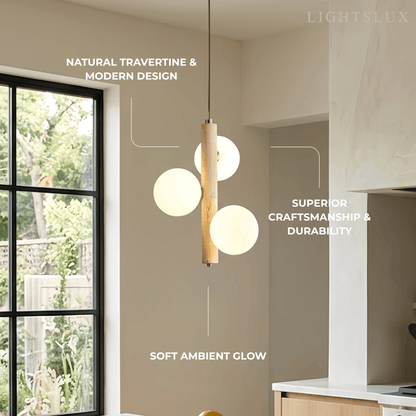 Modern Travertine Pendant Light -- Natural Stone & Wood