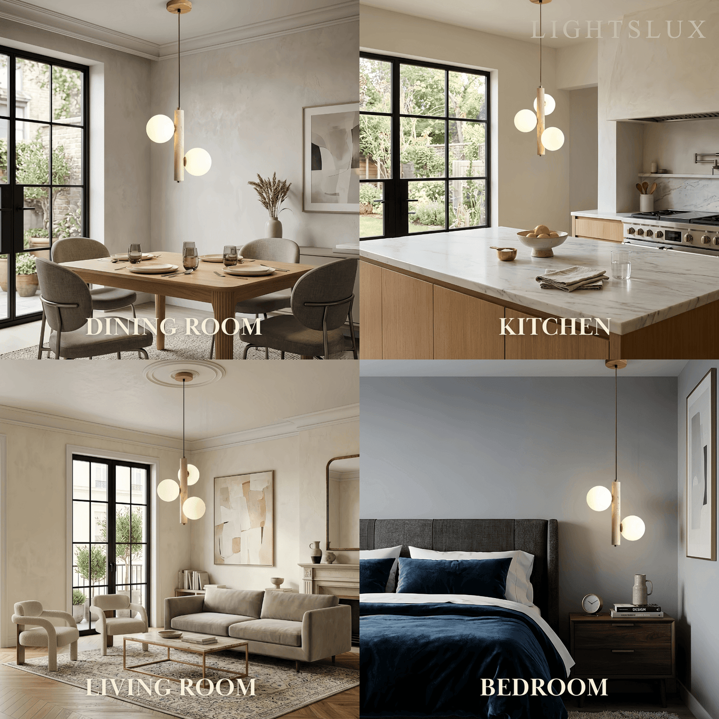 Modern Travertine Pendant Light -- Natural Stone & Wood