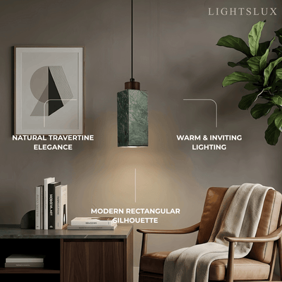 Modern Rectangular Travertine Pendant Light -- Natural Stone & Wood