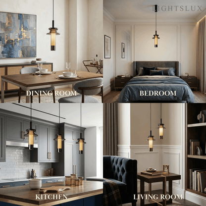 Modern Layered Pendant Light -- Black Metal & Glass