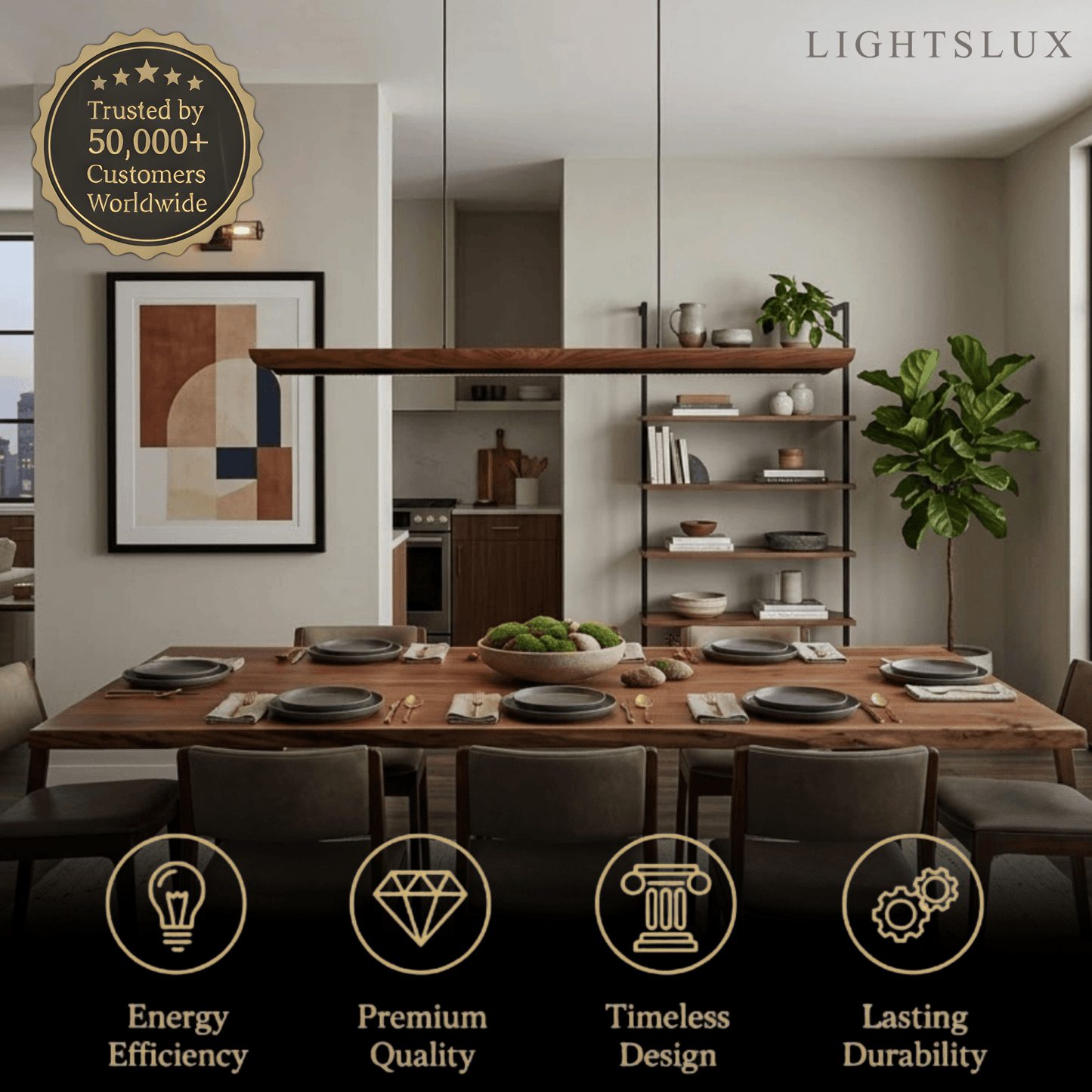 Modern Linear Pendant Light -- Walnut Wood & Metal